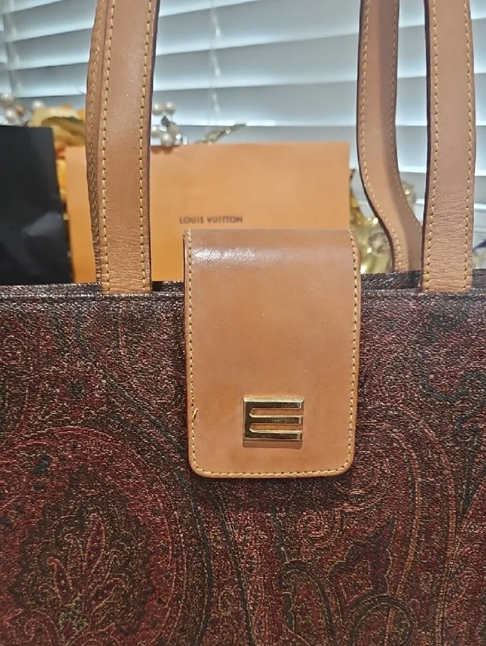 Vintage Etro Paisley Tote w/ Tan Leather Trim & Straps GUC! - Picture 3 of 17